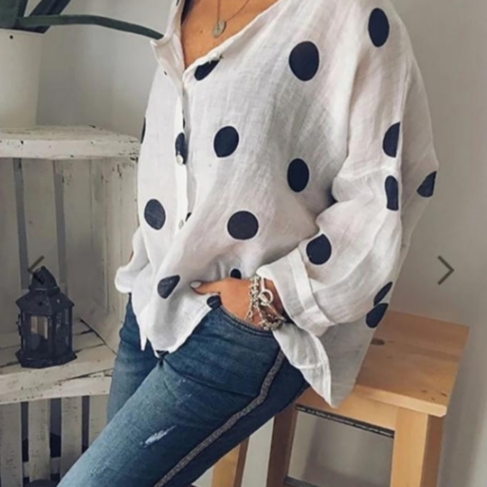 White blue polka dot blouse